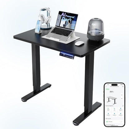 HUANUO 32" AI Smart Standing Desk with App-Synced Sedentary Reminders, Electric Height Adjustable Desk with Body-Data Ergonomic Presets, Voice Control Alexa/Google/Siri, 3 Memory Settings Table, Black