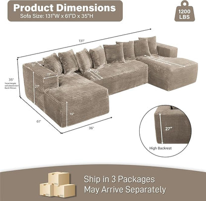 131" Oversized U Shaped Cloud Sectional Couches for Living Room, Comfy Fluffy Corduroy Light Brown Boneless Sectionals Couch, Plush Memory Foam Modular Sectional Sofa with Chaise- 19" Seat Height