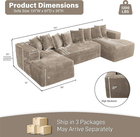 131" Oversized U Shaped Cloud Sectional Couches for Living Room, Comfy Fluffy Corduroy Light Brown Boneless Sectionals Couch, Plush Memory Foam Modular Sectional Sofa with Chaise- 19" Seat Height