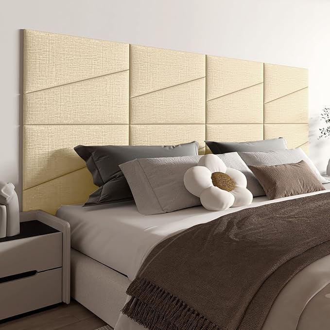 Peel and Stick Headboard for King Bed Linen Fabric Upholstered Wall Mounted Headboard - Wall Padding Panel in Beige for Bedroom/Living Room/Dorm (8 Panels)