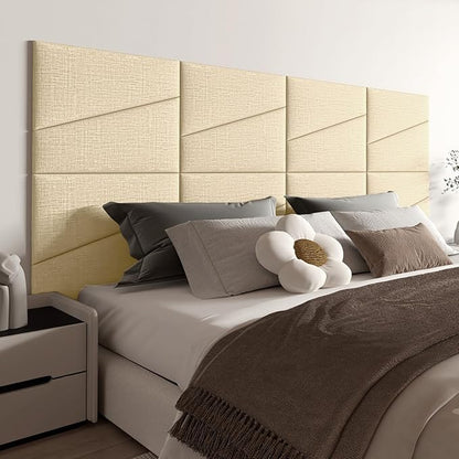 Peel and Stick Headboard for King Bed Linen Fabric Upholstered Wall Mounted Headboard - Wall Padding Panel in Beige for Bedroom/Living Room/Dorm (8 Panels)