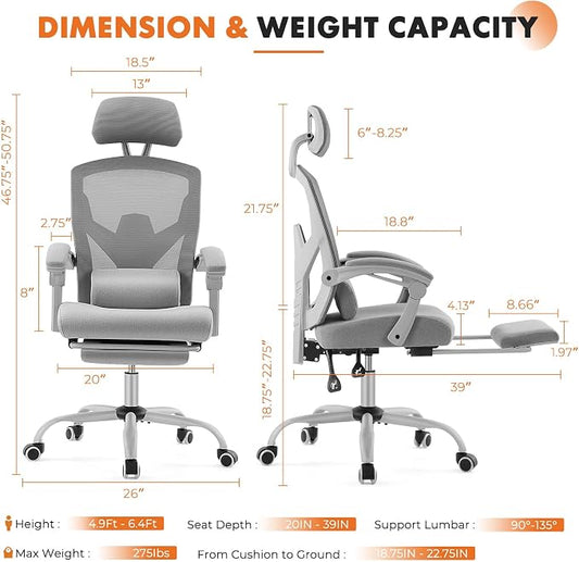 Sweetcrispy Office Computer Desk Chair with Footrest,Ergonomic High-Back Mesh Rolling Work Swivel Chairs with Wheels,Comfortable Lumbar Support,Comfy Arms for Home,Bedroom,Study,Student,Light Grey