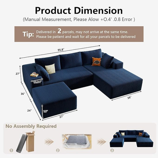 95" Cloud Sectional Couch U-Shaped Chaise with Ottoman, Corduroy Boneless Couch for Living Room Bedroom, Deep-Seat Upholstered Modular Cloud Sofa, No Assembly Required (Blue, Right Facing Chaise)