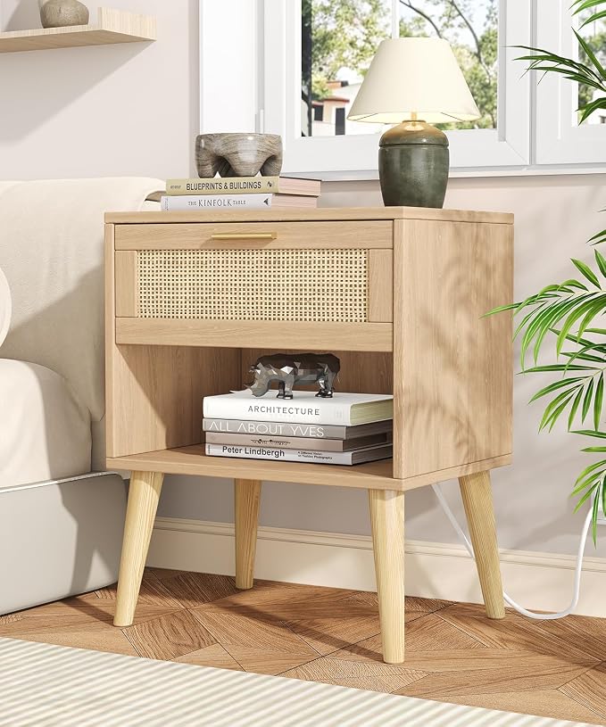 Keehusux 17.7" W x 15.7" D Rattan Nightstand Set of 2, Night Stand with Charging Station, Bedside Table with Open Shelf & Solid Wood Legs, Boho Night Stand with Drawer, End Table for Bedroom, Natural