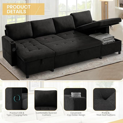 110" Fabric Pull-Out Couch Bed w/Adjustable Backrests, Black | Sectional Sleeper Sofa w/USB Ports & 2 Cup Holders, Upholstered U-Shaped Couch w/Storage Chaise for Living Room, House