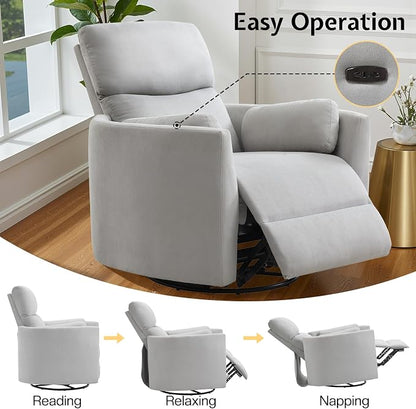 Jocisland Power Recliner Nursery Chair for Adults, Electric Swivel Rocking Glider with USB & Type-C, Soft Fabric Armchair with 2 Pillows, Cozy Reclining Sofa for Living Room, Bedroom, Light Grey