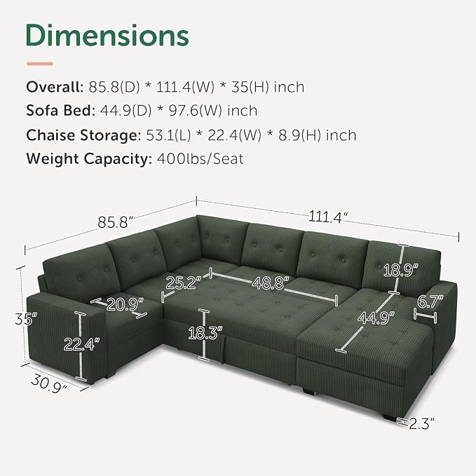 HONBAY Modular Sectional Sleeper Sofa with Pull Out Bed, U Shaped Sleeper Couches with Storage Chaise, 114'' Sleeper Sectional Sofas for Living Room, Apartment (Velvet Green)
