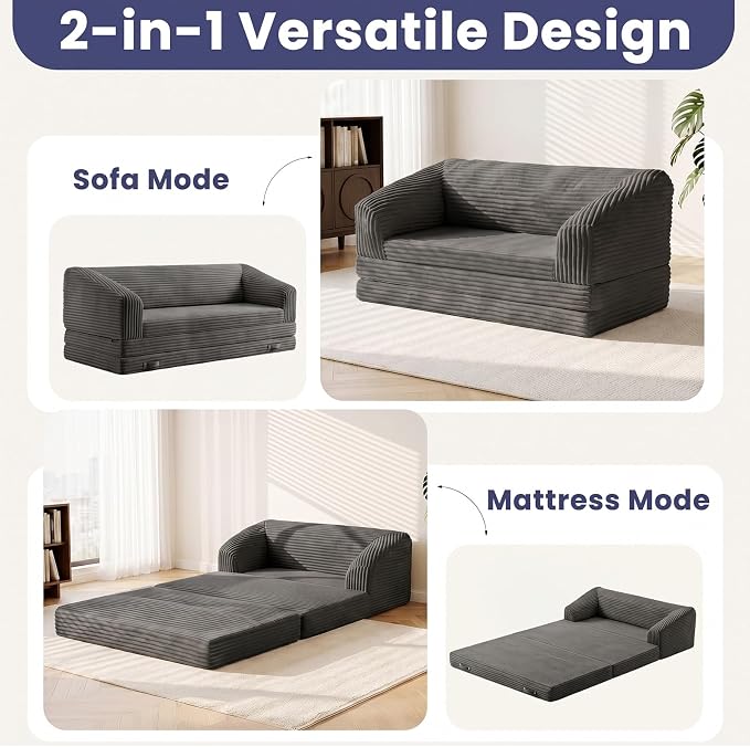 JUIKURY Convertible Sofa Bed, 3-in-1 Foldable Loveseat Couch with Armrest, Corduroy Floor Sofa & Sleeper Bed, No Assembly High-Density Foam Futon Mattress for Living Room, Small Apartment, Dorm