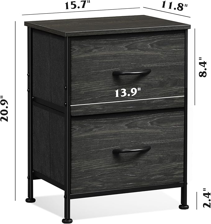 WLIVE Night Stand Set 2, Nightstand with 2 Fabric Drawers, Small Dresser for Bedroom, Bedside Table for Small Spaces, Dorm, Charcoal Black Wood Grain Print