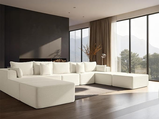 168" Cloud Sectional Couch, Comfort U Shaped Sofa for Living Room, Extra Deep Seats No Assembly, Minimalist Modular Couch, Corduroy (Cream, 9 Seats,U-Shape B)