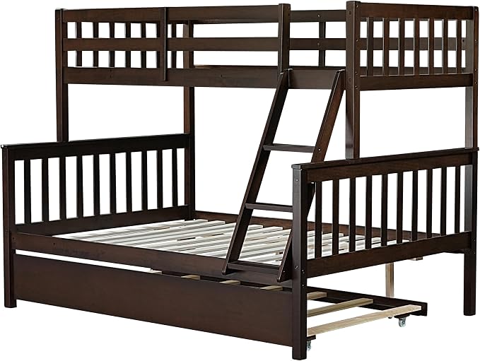 Harper & Bright Designs Convertible Wood Twin-Over-Full Bunk Bed with Trundle and Ladder - Can Be Divided Into Two Platform Beds, Espresso