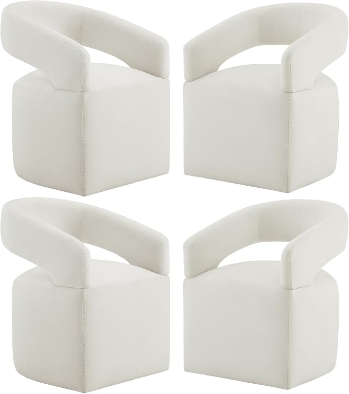 KISLOT Upholstered Dining Chairs Set of 4, Modern Rolling Dining Chairs with Hidden Casters, Arm Kitchen Chairs with Linen Look Fabric, Padded Barrel Chairs for Dining Room, Kitchen, Bedroom, Ivory