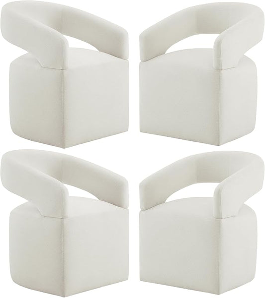 KISLOT Upholstered Dining Chairs Set of 4, Modern Rolling Dining Chairs with Hidden Casters, Arm Kitchen Chairs with Linen Look Fabric, Padded Barrel Chairs for Dining Room, Kitchen, Bedroom, Ivory