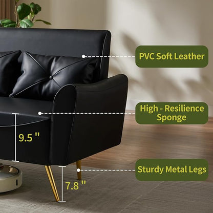 Brelice 47" Faux Leather Loveseat Sofa, Modern Small Couch for Small Space with 2 Pillows, 2 Seater Couch for Living Room, Bedroom, Office, Apartment (Black)