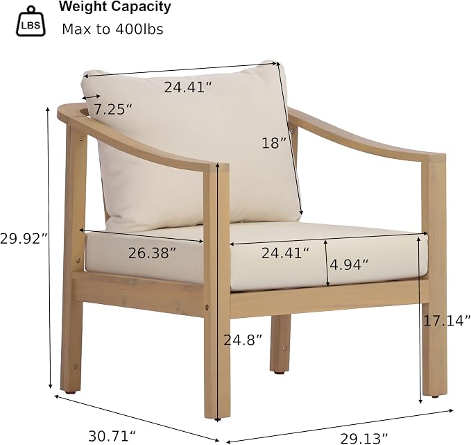 Merax 4 Piece All-Weather Acacia Wood Outdoor Furniture Set, 5-Seater | Patio 3-Seater Sofa, 2 Club Chairs with Coushions, 1 Coffee Table, Conversation Set for Backyard, Deck, Poolside, Teak+ Beige