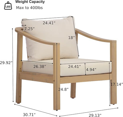 Merax 4 Piece All-Weather Acacia Wood Outdoor Furniture Set, 5-Seater | Patio 3-Seater Sofa, 2 Club Chairs with Coushions, 1 Coffee Table, Conversation Set for Backyard, Deck, Poolside, Teak+ Beige