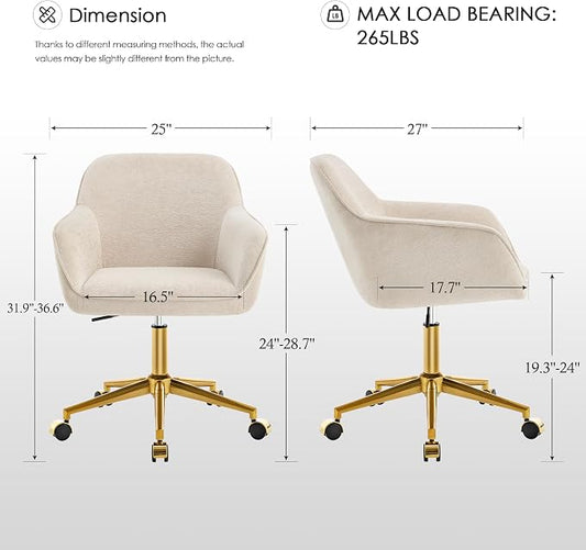 Zesthouse Vanity Chair with Wheels for Girl Women, Swivel Office Desk Chair | Beige Chenille Rolling Office Chair with Arms & Gold Base, Upholstered Fabric Desk Chair for Bedroom, Height Adjustable Chair