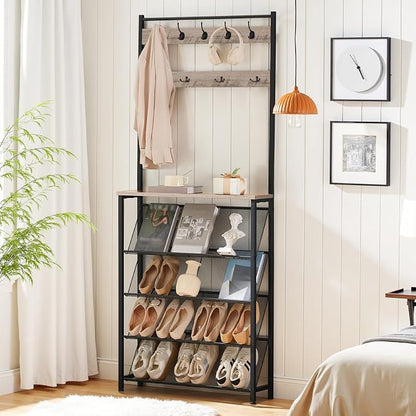 HOOBRO Hall Tree with Bench, Narrow Shoe Rack with Coat Rack, Coat Rack with Shoe Storage, 5 Tier Slanted Shoe Storage Organizer, Coat and Shoe Rack Entryway, Slim Hall Tree, Greige BG20MT01