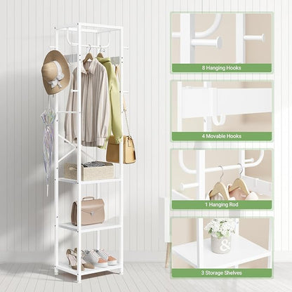 ELYKEN Coat Rack Freestanding, Hall Tree with 3 Storage Shelves and 12 Hooks, Industrial Clothes Rack Stand Organizer for Bedroom, Hallway, Entryway, Office, Living Room, White
