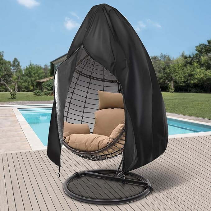 Egg Chair Cover Waterproof, 75x45 Inch Outdoor Hanging Egg Swing Chair Cover, Heavy Duty 420D Oxford Fabric, UV Resistant Windproof with Zipper & Drawstring, Fits Single Seat Egg Chair (Black)