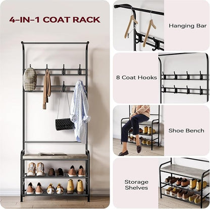 OUTLANE Hall Tree Shoe Bench for Entryway, Hall Tree with Bench and Shoe Storage, 4-in-1 Coat Rack Storage Bench with 8 Hooks, Freestanding Entryway Organizer for Hallway, Bedroom, Small Spaces, Grey