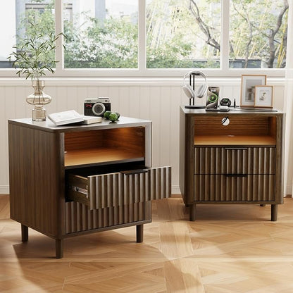 Fluted Nightstand Set of 2, 2 Drawers Storage Bedside Table with Charging Station, Wood Modern Nightstand with Open Shelf, Curved Profile Design, End Table for Indoor Room Bedroom, Walnut