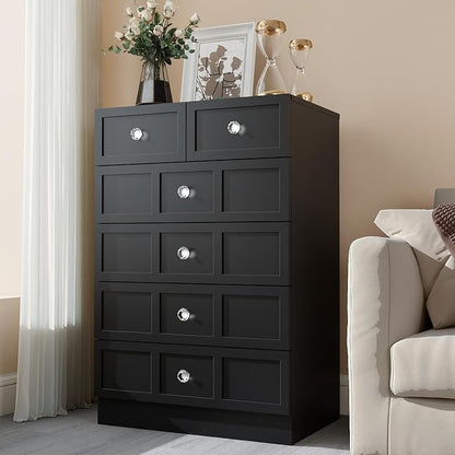 6 Drawer Dresser for Bedroom: 24" Black Chest of Drawers with Deep Drawers, Tall Fluted Dresser with Storage, Modern Wood Dressers for Bedroom, Living Room
