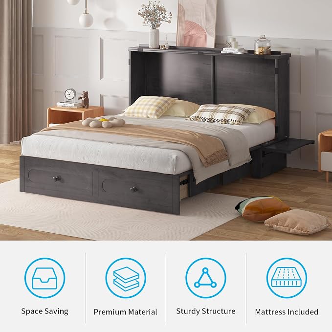 Mjkone Queen Murphy Bed Cabinet with Tri-Fold Mattress Included, Drawers, USB Charging Station, Modern Versatile Wood Chest Cabinet Wall Bed, Wooden Guest Beds for Bedroom Home Apartment, Dark Grey