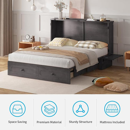 Mjkone Murphy Cabinet Bed Queen Size with Mattress Included, Multi-Functional Cube Cabinet Bed, Solid Wood Mobile Wall Beds Chest with USB Charging Station, Storage Drawers for Living Room, Dark Grey