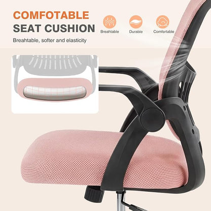 Sweetcrispy Home Office Managerial Executive Chair, Flip Up Armrest Ergonomic Mesh Adjustable Swivel Mid-Back Computer Desk Chair with Comfortable Lumbar Support, Comfy Arms for Bedroom,Blak&Pink