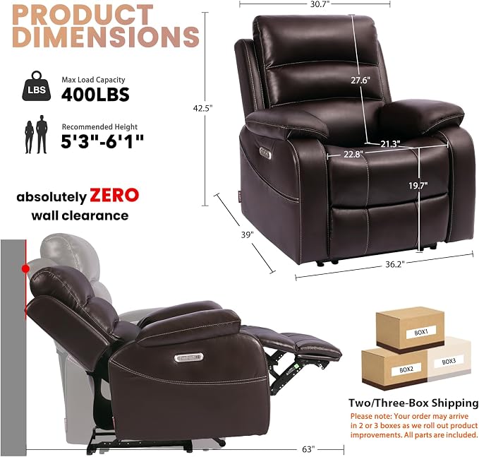 EONIX Power Zero Wall Hugger Power Recliner Chair for Small Space RV Living Room,Power Recliner with Massage and Heat, USB & USB-C Charging Ports, SXXY003992, Dark Brown