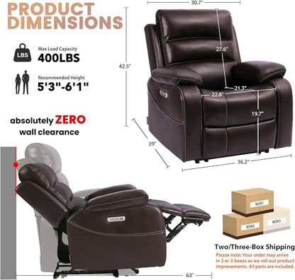 EONIX Power Zero Wall Hugger Power Recliner Chair for Small Space RV Living Room,Power Recliner with Massage and Heat, USB & USB-C Charging Ports, SXXY003992, Dark Brown