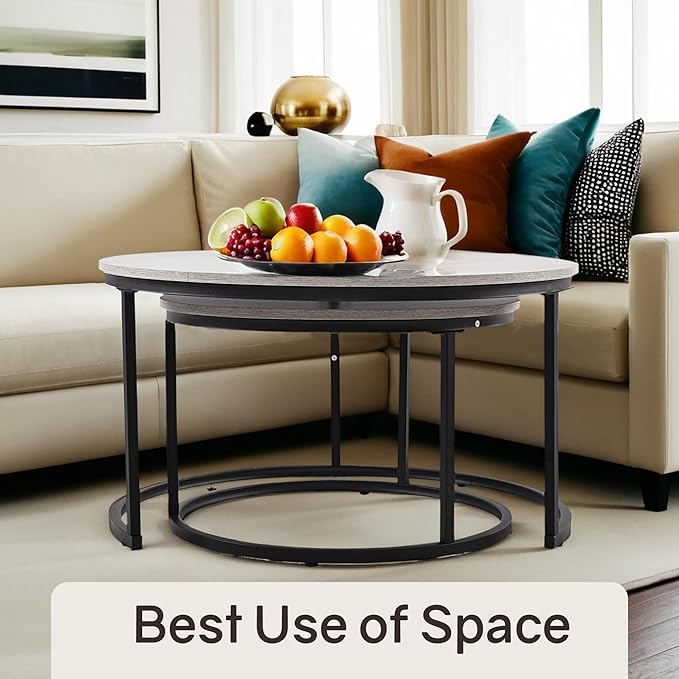 Otterease Nesting Tables Set of 2, 31.5" Round Coffee Table, Large Nesting Coffee Table with Adjustable Non-Slip Fee, Wood Grain Top Nesting Tables for Living Room, Bedroom (Wood Grain Grey)
