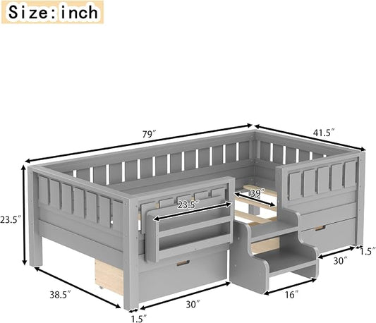 Bellemave Twin Size Kids Bed with high Rails and with Built-in Bookshelf and Drawers for Kids, Girls, Boys, Wood Montessori Bed Without Door, Gray