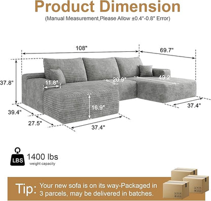 AUGOP 108" Sectional Couches for Living Room Modern Modular Sofa with L-Shape Couchs Upholstered Boneless Couch Deep Seat Sectional Couch with Chaise (Grey, Right Facing Chaise+2Seaters+1Ottoman)