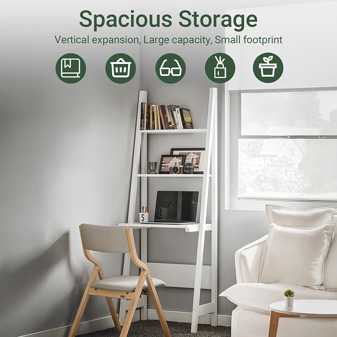 Haotian Ladder Desk with Shelves, Wall Desk for Small Space, Secretary Desk Workstation Dresser Shelf Freestanding Bookshelf, White FRG60-W | Freestanding Bookcase Desk for Storage & Study in Small Space, FRG60-W