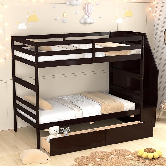 KOMFOTT Wood Twin Over Twin Bunk Bed with Storage Drawers & Stairs, Bunk Beds with Bookcase & Safety Guardrail, Solid Wood Slatted Bunk Bed for Kids Teens Adults, No Box Spring Needed (Espresso)
