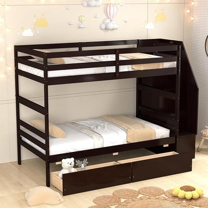 KOMFOTT Wood Twin Over Twin Bunk Bed with Storage Drawers & Stairs, Bunk Beds with Bookcase & Safety Guardrail, Solid Wood Slatted Bunk Bed for Kids Teens Adults, No Box Spring Needed (Espresso)