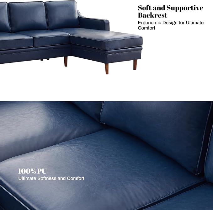 Kingfun 88" L-Shape Sofa, Faux Leather Sectional Couch, Mid Century Modern Couches with Solid Wood Frame for Living Room Bedroom