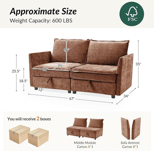 HULALA HOME 67'' Modern Chenille Loveseat Sofa, 2 Seater Couch with Storage, Comfy Deep Seat, Small Loveseat Couches for Living Room Furniture with Pillows, Easy to Install, Burnt Orange