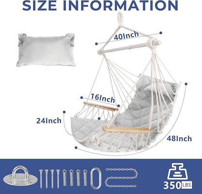 Hammock Chair Hanging Swing with Wooden Armrest;Steel Spreader Bar,Pillows,Hardware kit Included;Cotton Woven Fabric;Up to 350 Lbs,for Indoor Light Grey