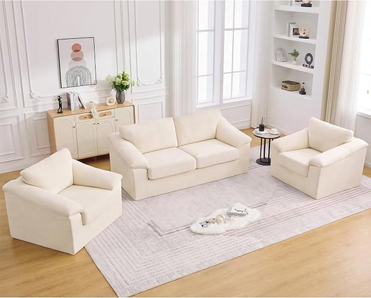 Boneless Couch Sets, Modern Loveseat Sofa with 2 Accent Sofa Chairs, Floor Cloud Couch Sets with Extra Comfy Soft Deep Seats for Living Room, Apartment, No Assemby, Set of 3, Beige