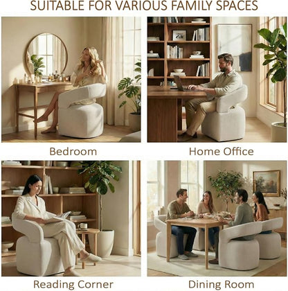 KISLOT Upholstered Dining Chairs Set of 2, Modern Rolling Dining Chairs with Hidden Casters, Arm Kitchen Chairs with Linen Look Fabric, Padded Barrel Chairs for Dining Room, Kitchen, Cream Beige