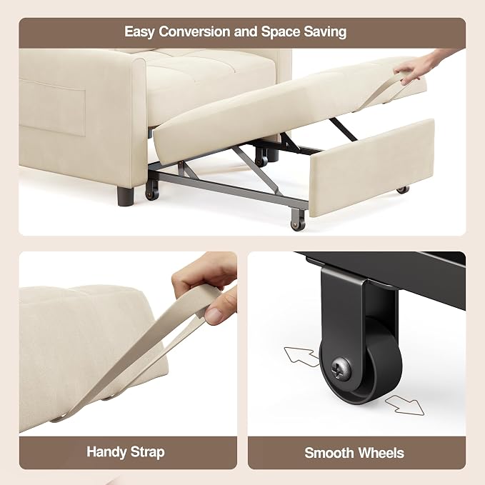 Ahomly Convertible Sofa Bed, 3-in-1 Multi-Functional Sleeper Chair Bed, Adjustable Backrest Recliner with Modern Linen Fabric for Living Room Bedroom Apartment Small Space, Beige