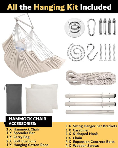 ADVOKAIR Hanging Hammock Chair Large Swing Chair with Foot Rest and Hardware,Max 500lbs,Steel Spread Bar with Anti Slips, 2 Cushions and Side Pocket,Indoor/Outdoor Use…