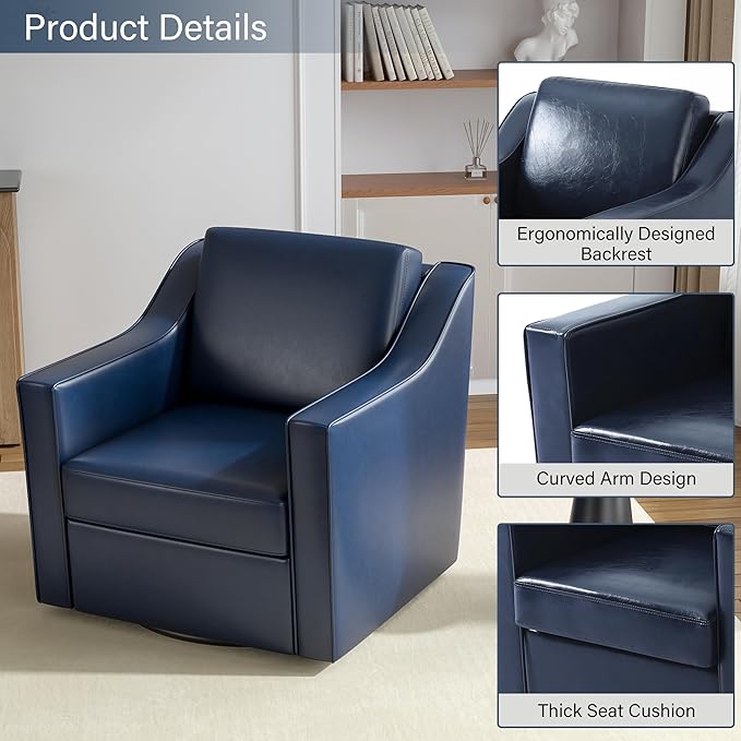 Swivel Accent Chairs Set of 2, 360° Swivel Upholstered Faux Leather Club Armchairs for Living Room, Comfy Single Sofa Reading Chair with Deep Seat, Metal Swivel Base, Navy