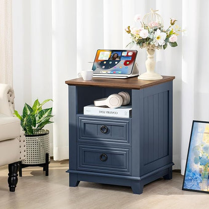 Joaxswe 18" Farmhouse Night Stands Set of 2 with Charging Station, 2 Drawers End Table Dresser for Bedroom, Blue Wooden Nightstand, Bed Side Table with Open Shelf, Bedside Cabinet for Living Room