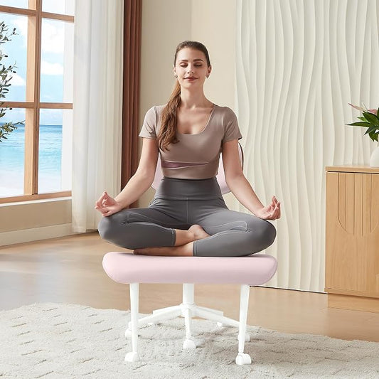 Bestier Ergonomic Cross Legged Office Chair for Women, Meditation Chair with Wider Back Support for Adults, 360° Swivel Office Chair with Wheels, Adjustable Height for ADHD Girl Pink PU Leather
