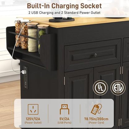 80"-48" Extendable Kitchen Island with Extended Dining Table and Power Outlet,Large Mobile Kitchen Storage Islands with 2 Storage Drawers,Rolling Islands Cart with 3 Extra Rows Open Shelves(Black)