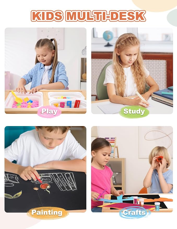 Kids Sensory Table, Sensory Activity Table with Double-Side Board & 3 Storage Bins, Toddler Play Sand Table Indoor Outdoor Use to Play Study Dining Toys Storage Boys Gilrs